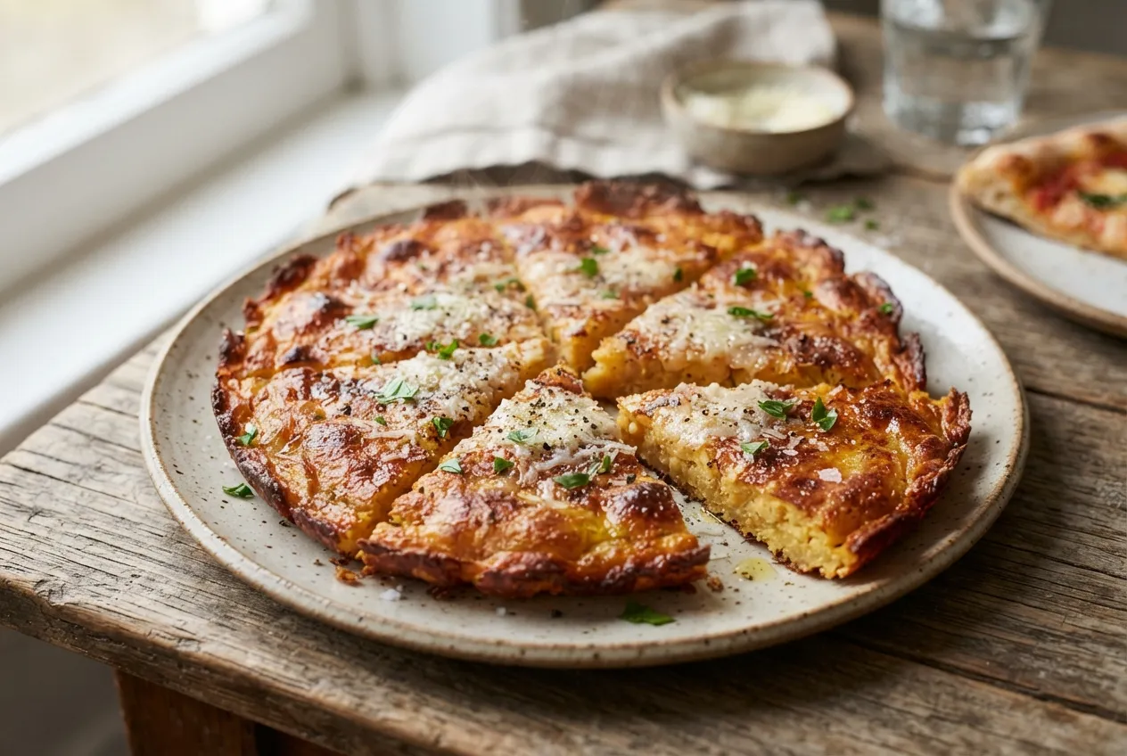 Fainá casera hecha con harina de garbanzo para acompañar pizza