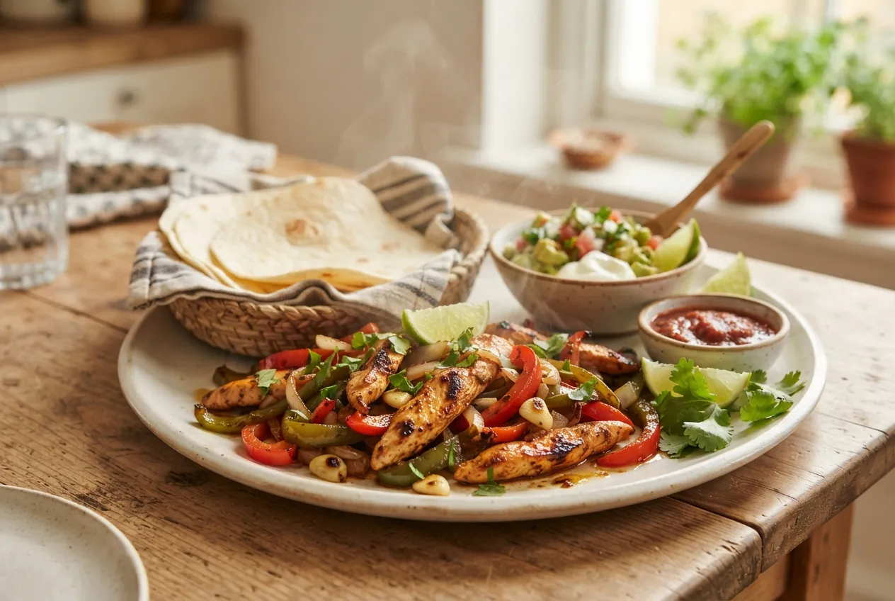 Fajitas de pollo con verduras y guacamole casero