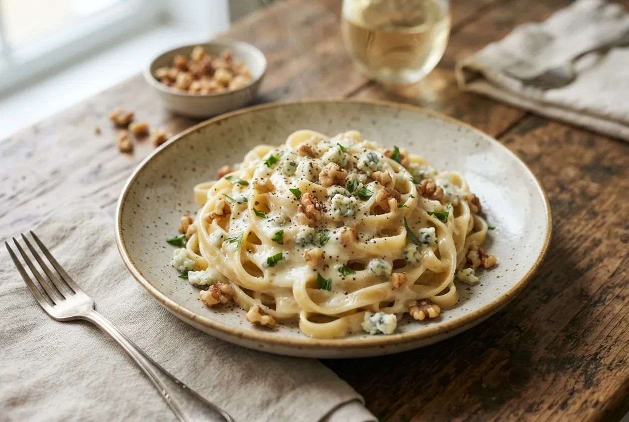 Fettucine con salsa de queso azul y nueces