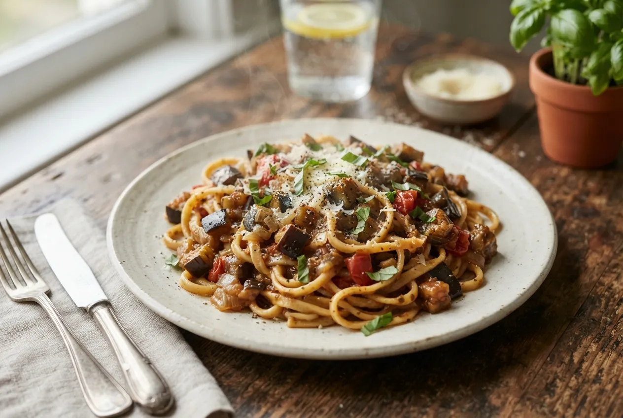 Fideos caseros con salsa de berenjenas y crema para cenar