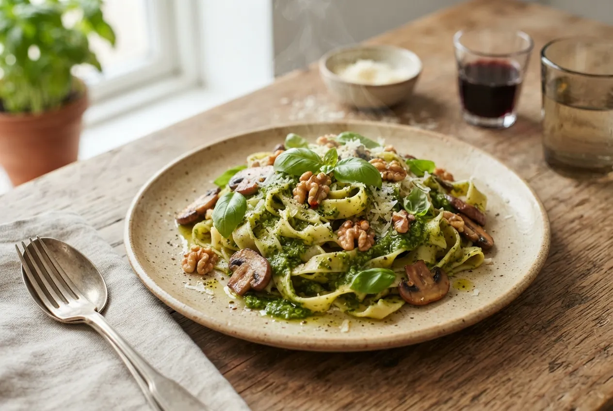 Fideos caseros con salsa de pesto, champiñones y nueces