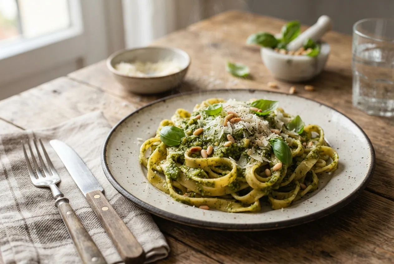 Fideos caseros con salsa de pesto y queso rallado