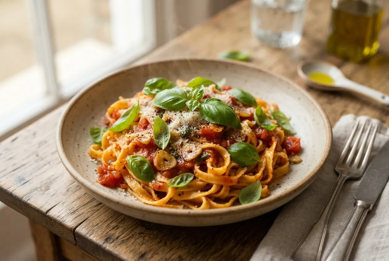 Fideos al huevo con salsa de tomate y albahaca fresca