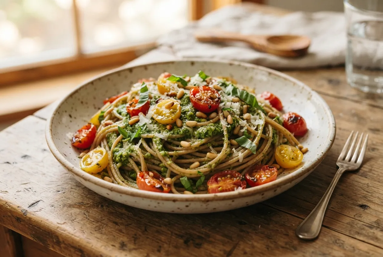 Fideos integrales con salsa pesto y tomates cherry