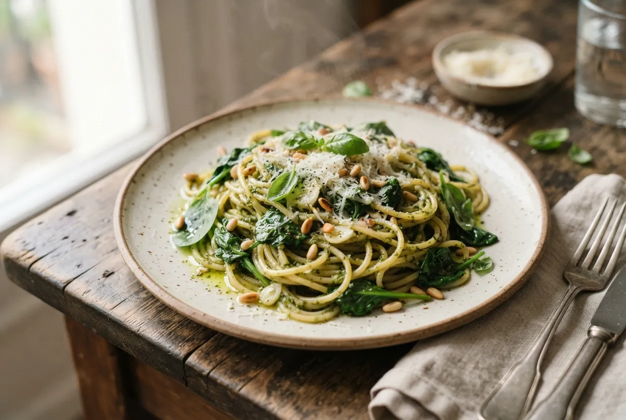 Fideos al pesto con espinaca fresca y queso rallado