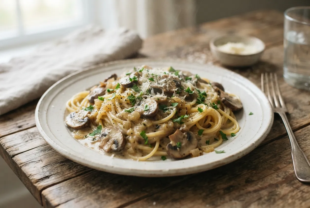Fideos con salsa de champiñones y crema