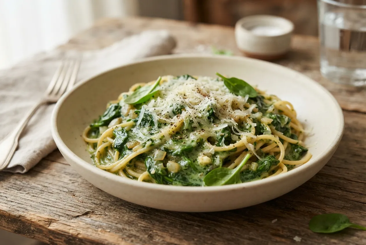 Fideos con salsa de espinaca y queso rallado