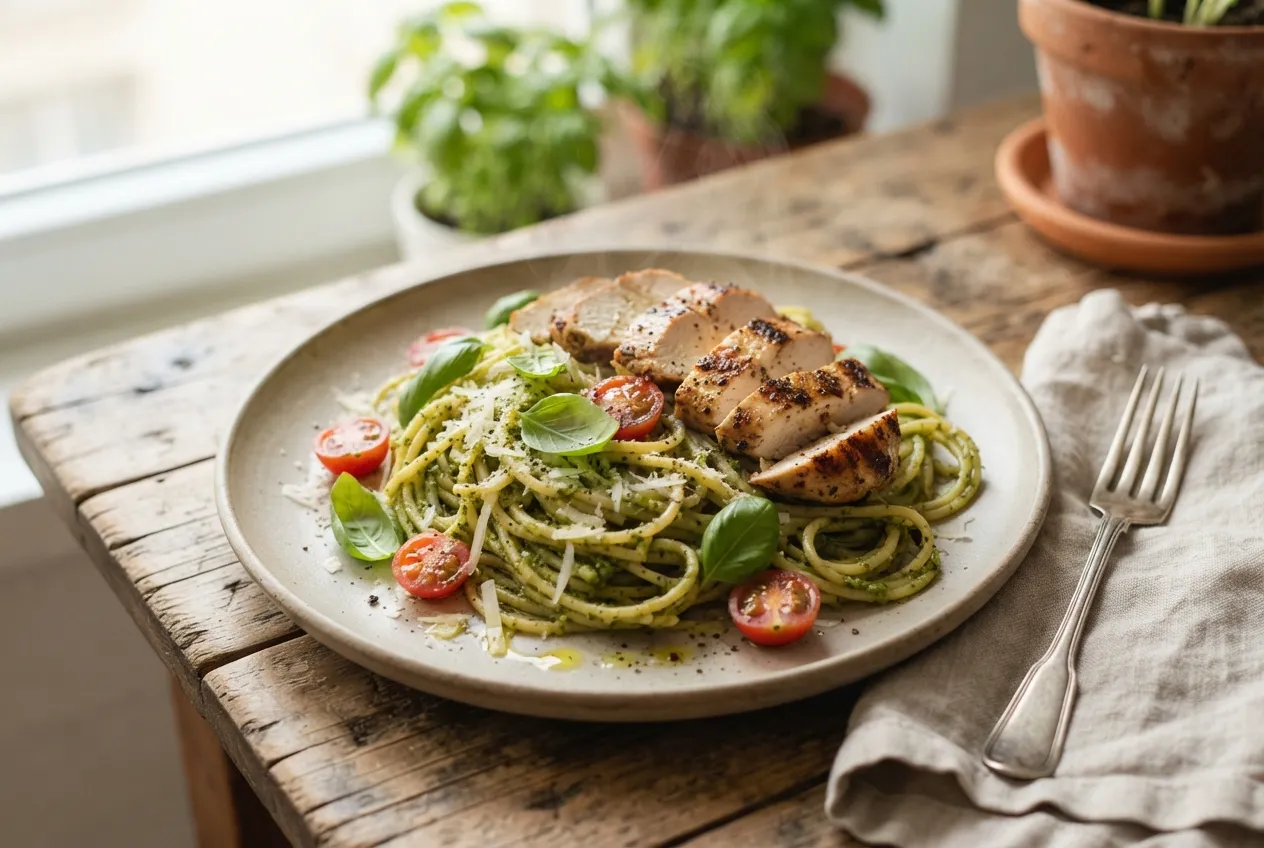 Fideos con salsa de pesto casero y pollo grillado