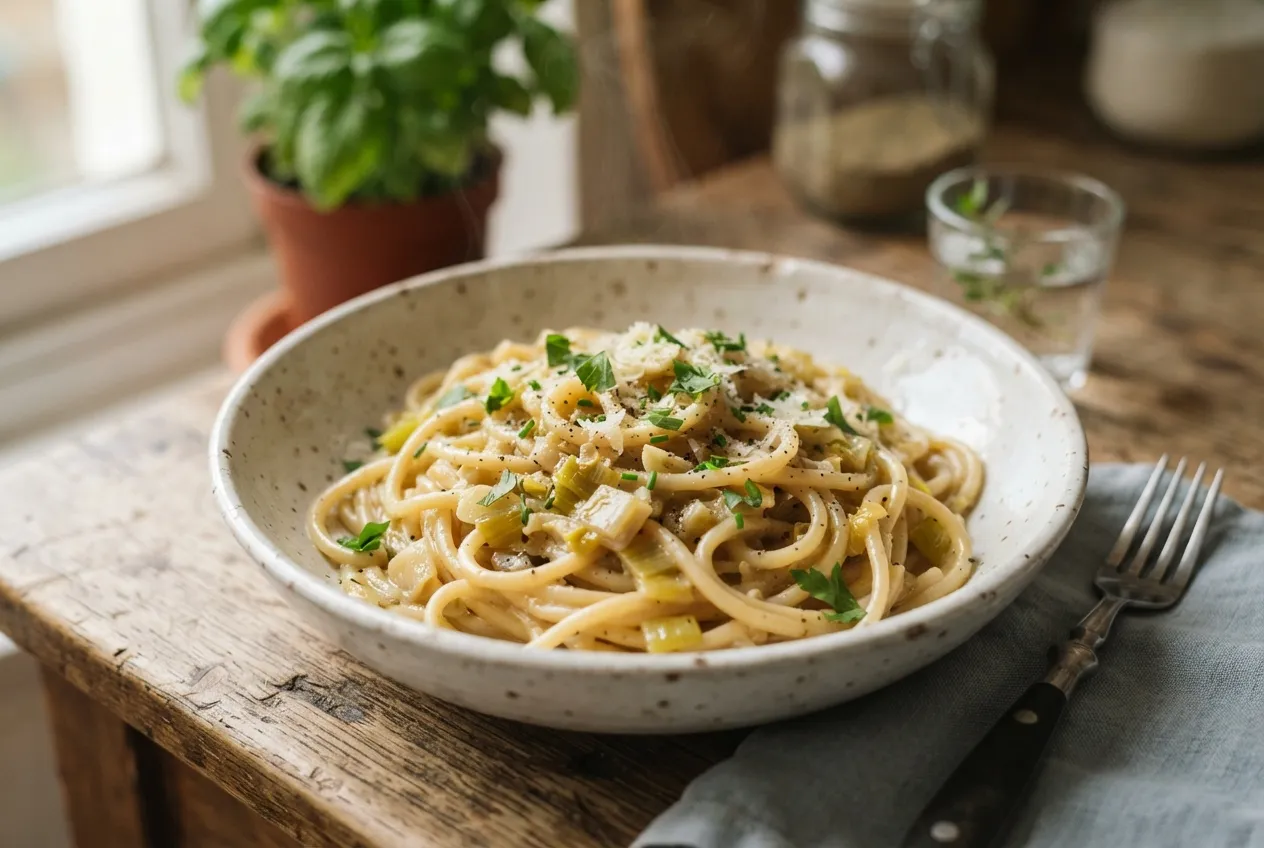 Fideos con salsa de puerros y crema