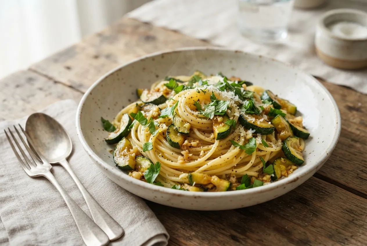 Fideos salteados con zucchini, ajo y perejil
