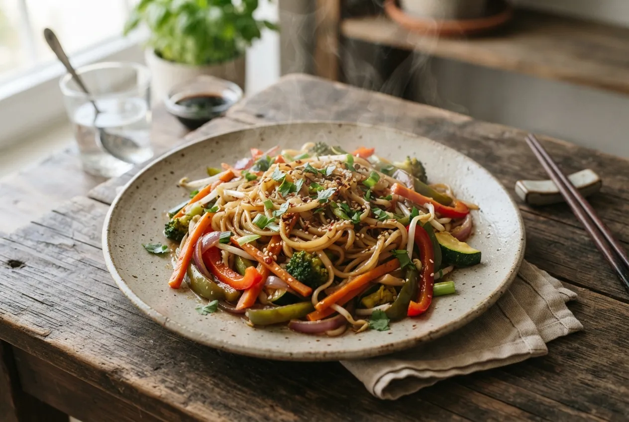 Fideos al wok con verduras y salsa de soja