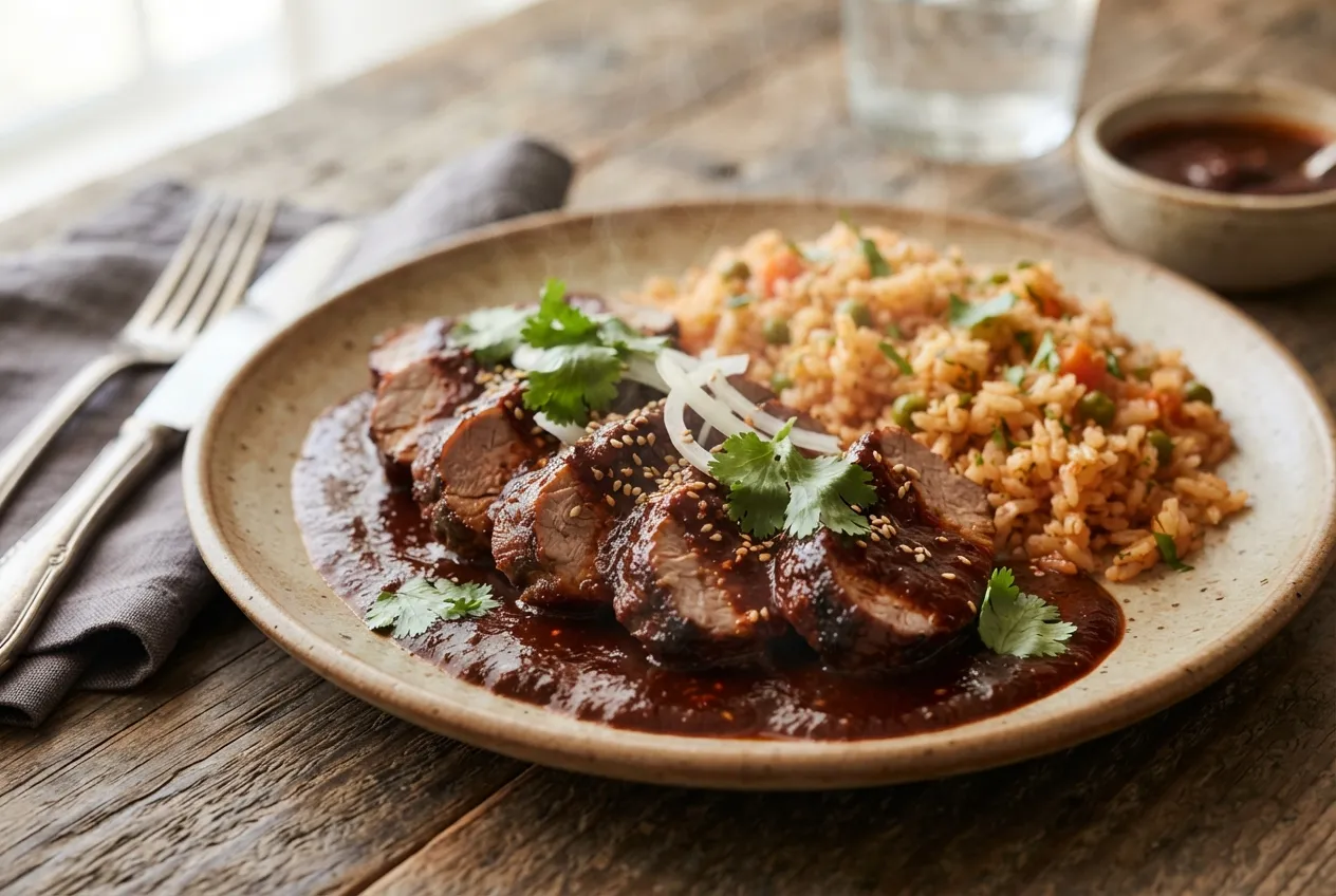 Filete de cerdo en salsa de chile ancho para servir con arroz