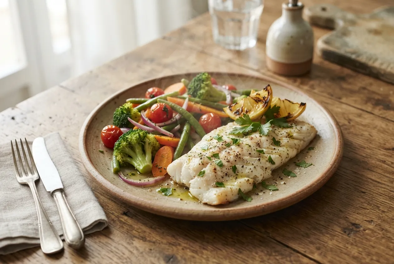 Filete de merluza al horno con verduras al vapor