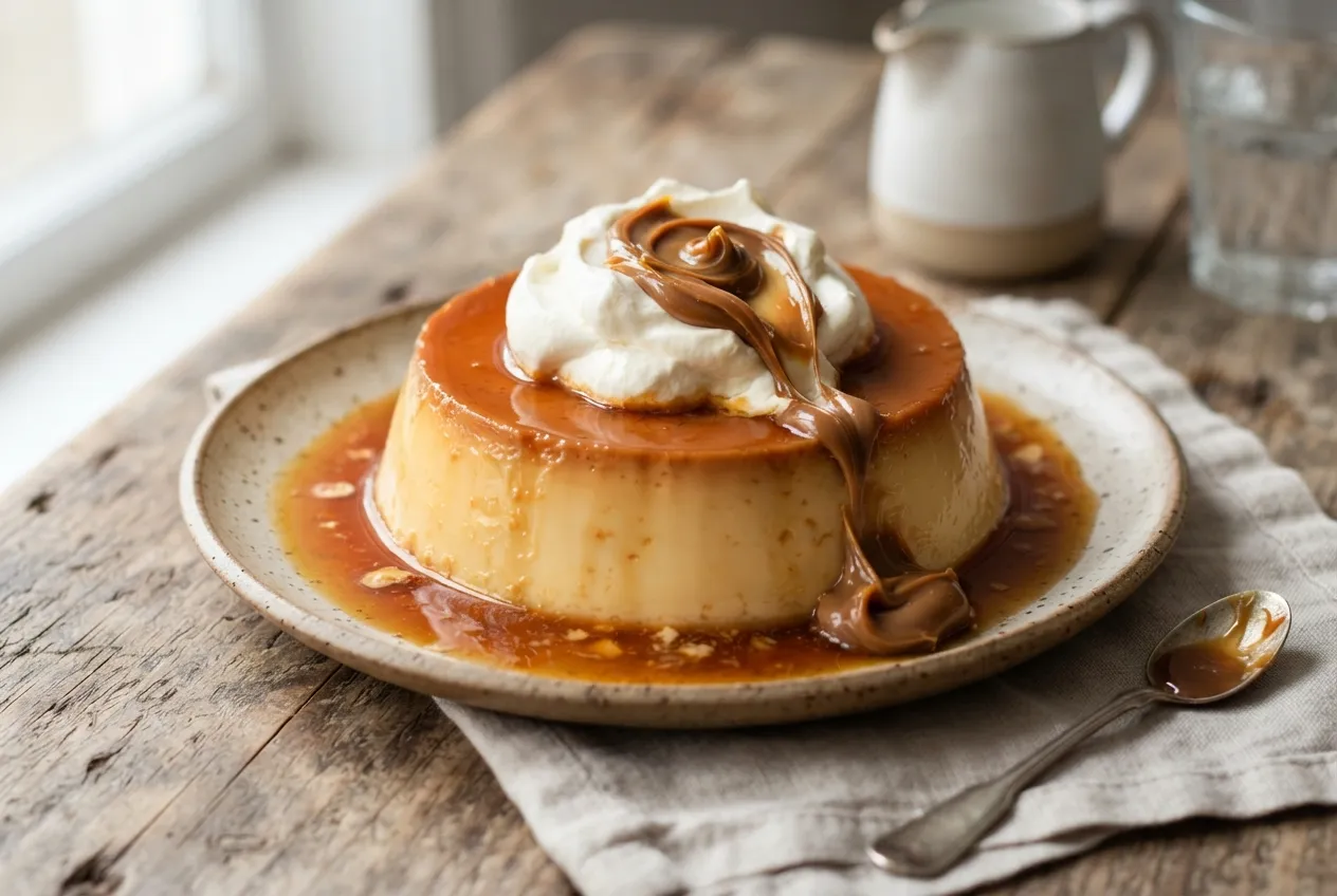 Flan casero con dulce de leche y crema