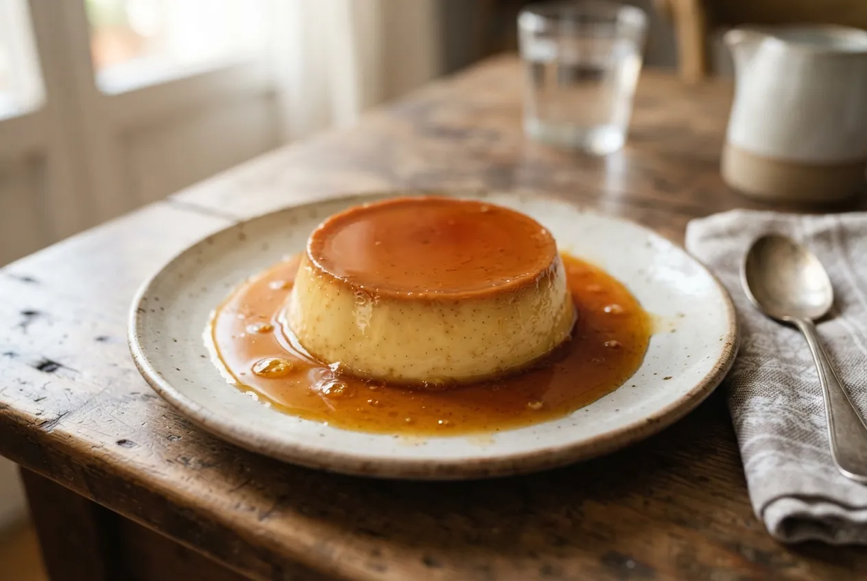 Flan casero de vainilla con caramelo líquido para postre
