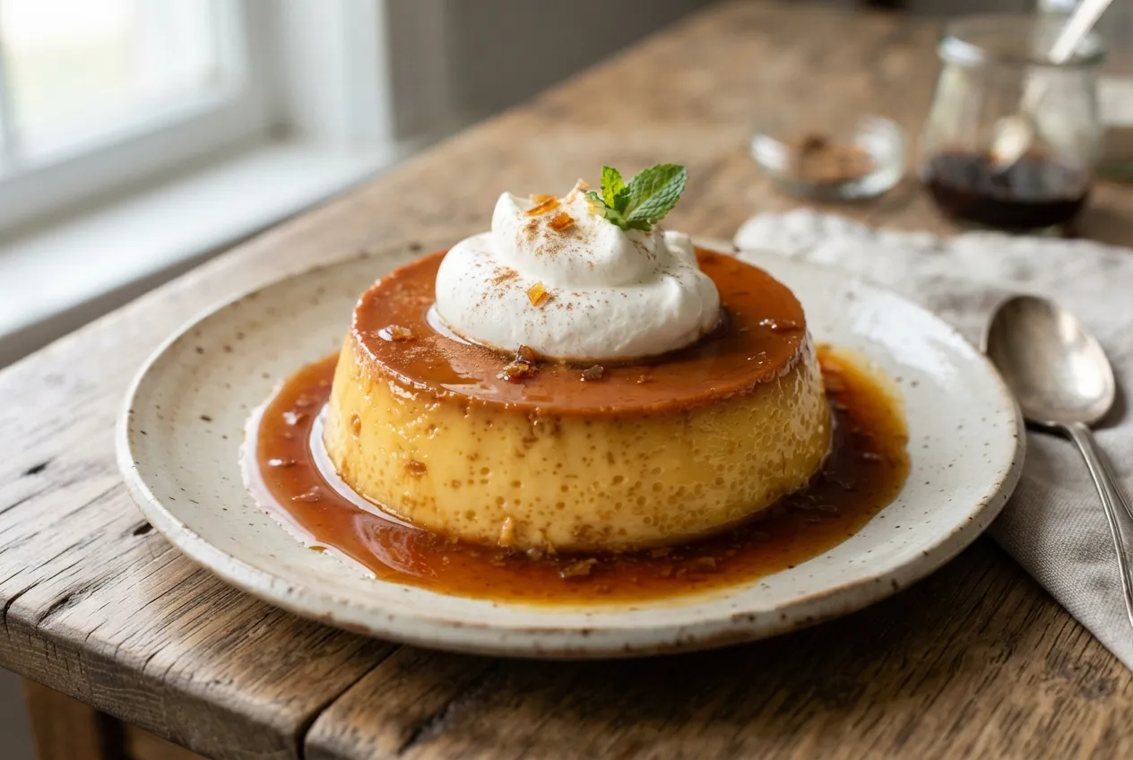 Flan napolitano con caramelo y crema chantilly