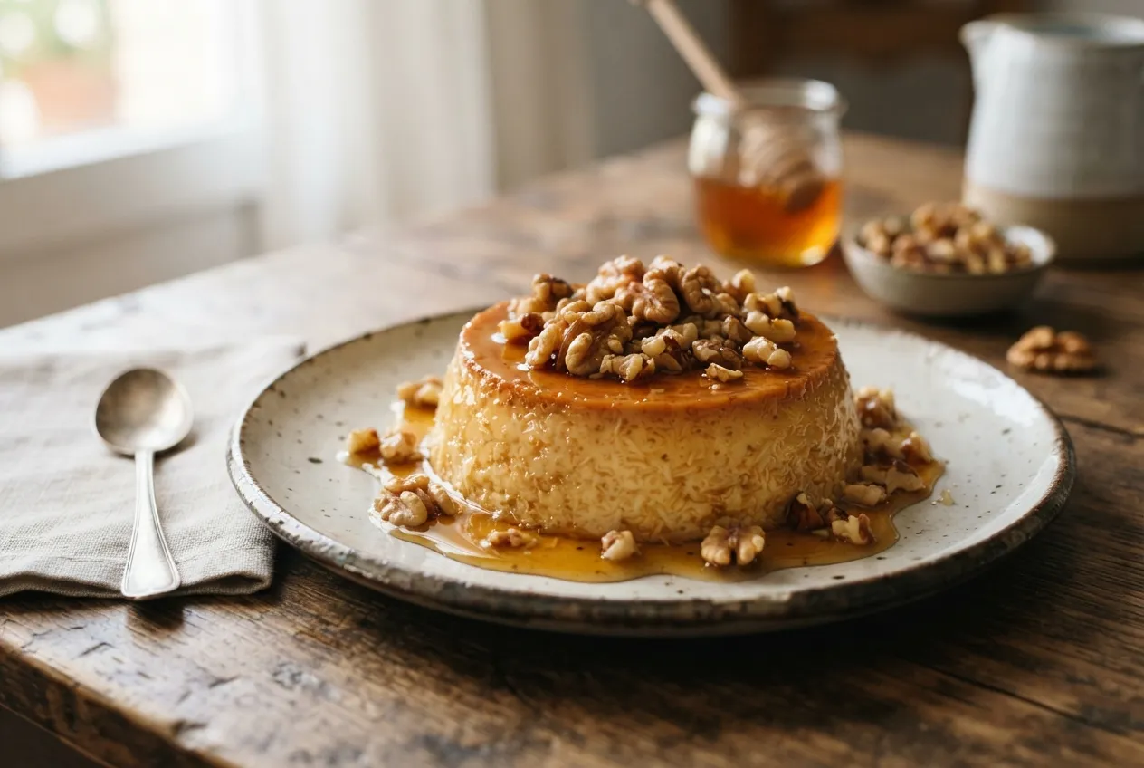 Flan de queso manchego con salsa de miel y nueces
