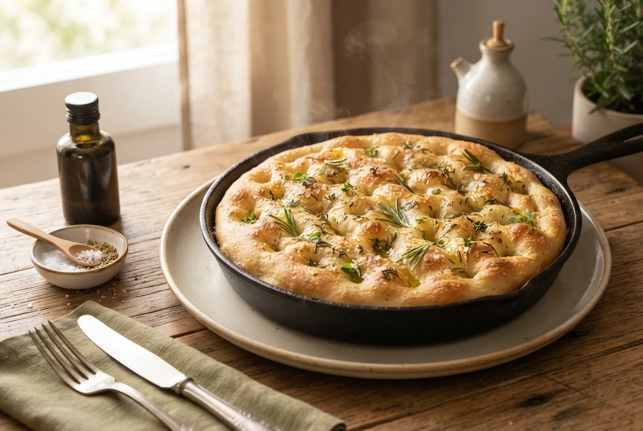 Focaccia casera con hierbas frescas y oliva