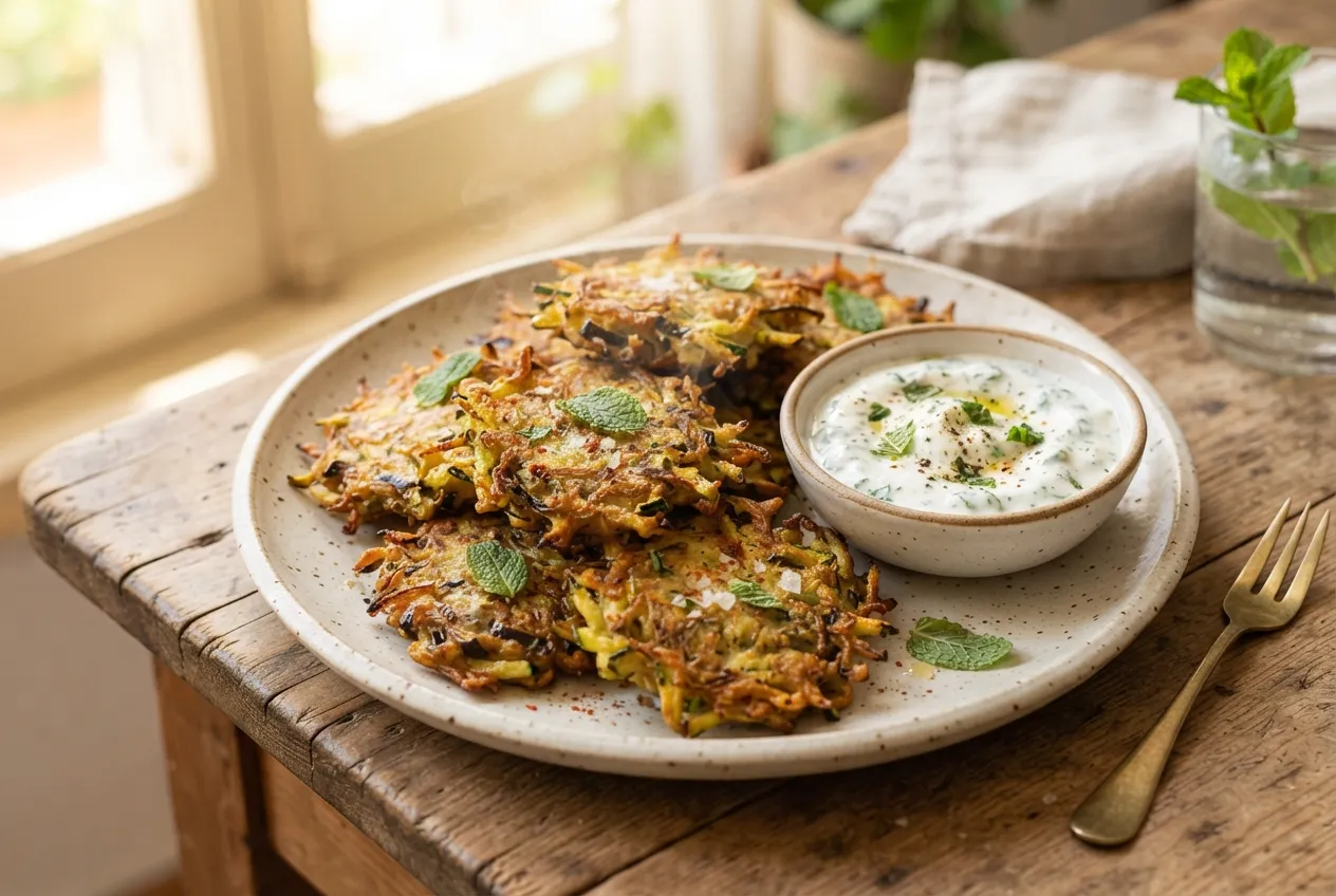 Frituras de zucchini y berenjena con salsa de yogur y menta