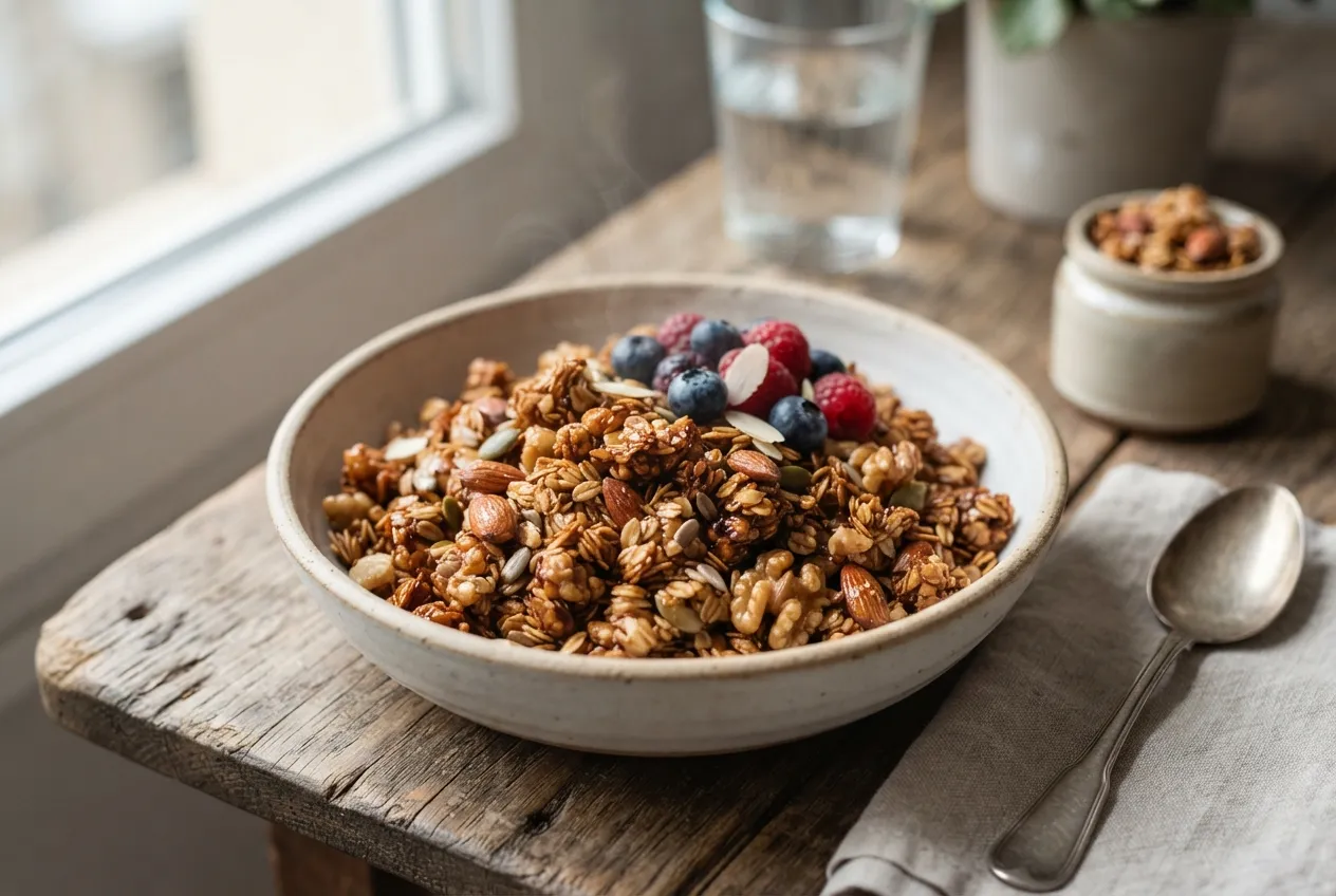 Granola casera sin azúcar con frutos secos y semillas