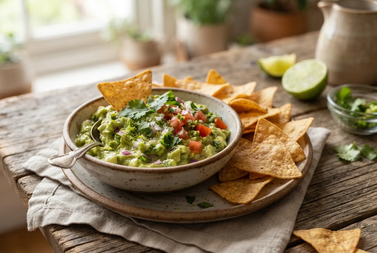 Guacamole casero con chips de maíz para picadas