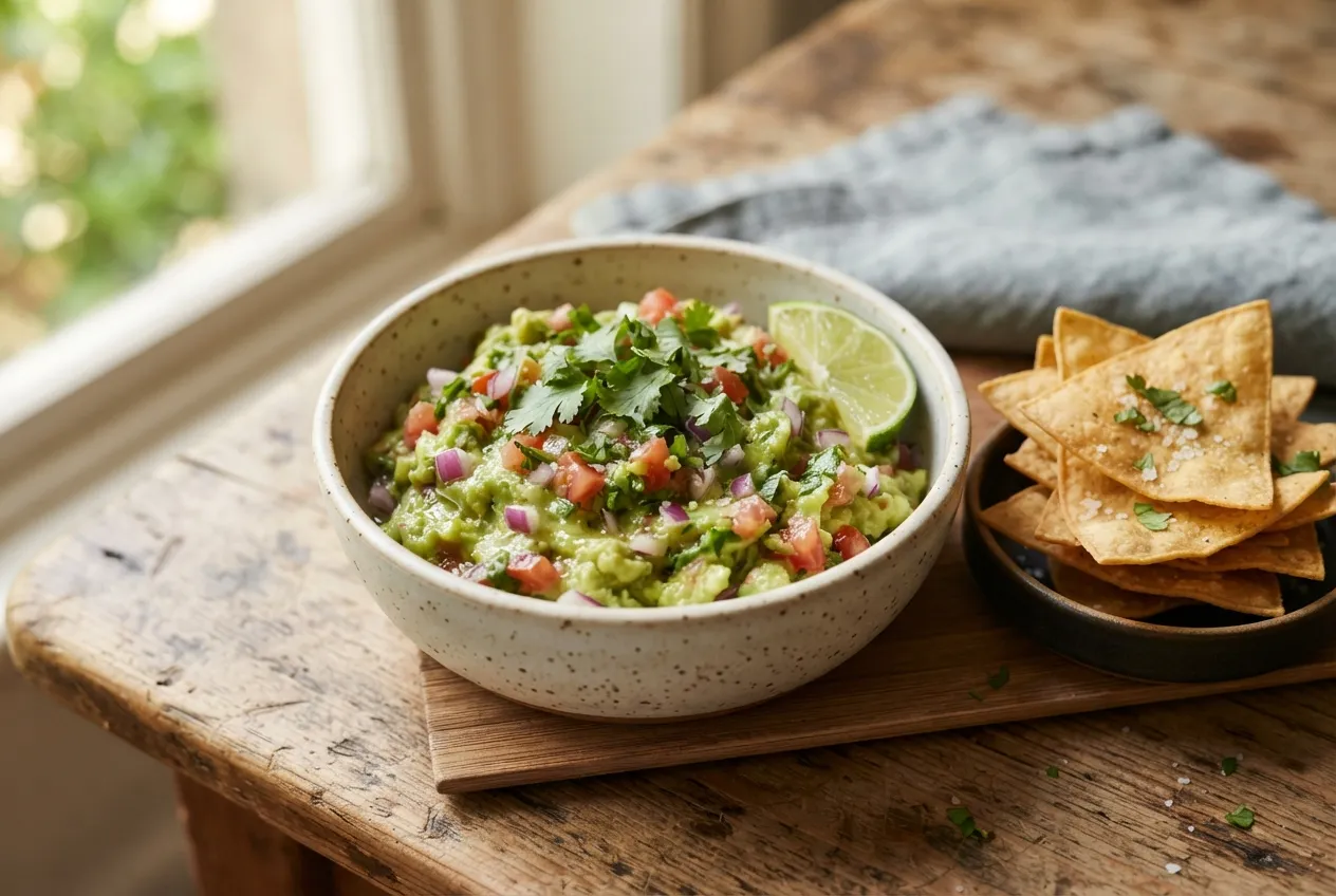Guacamole clásico con aguacate, tomate y cebolla morada