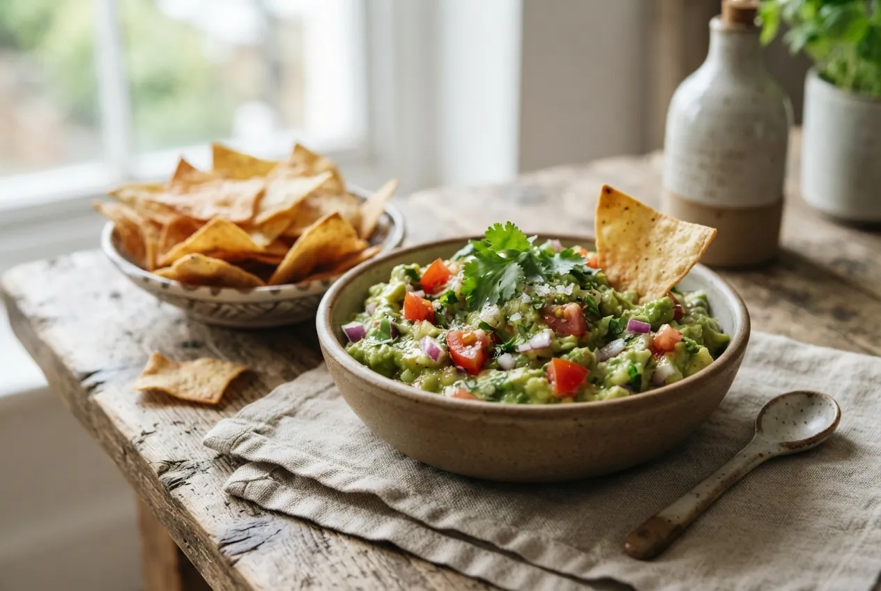 Guacamole con tomate y cebolla para acompañar nachos caseros