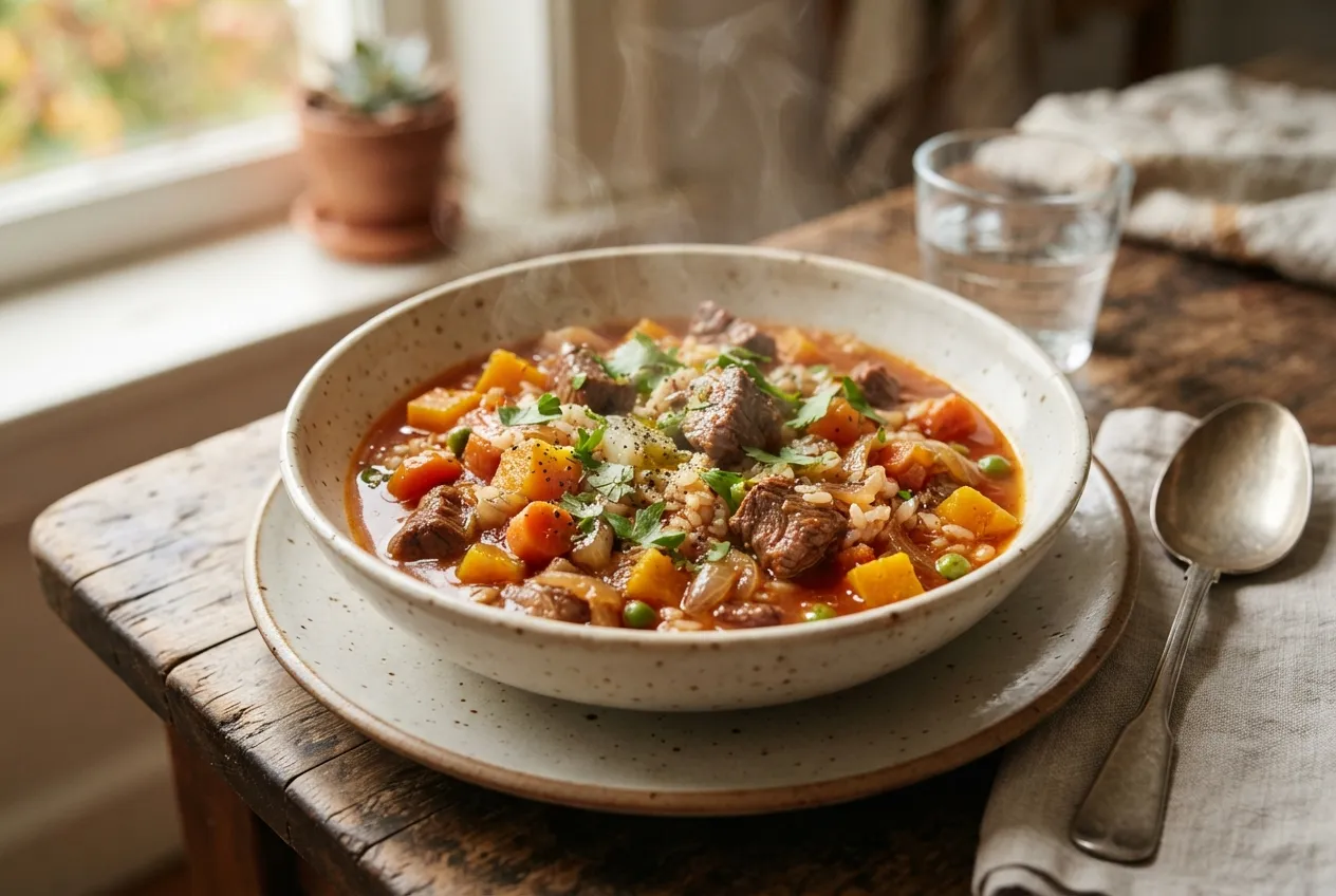 Guiso de arroz con carne y verduras otoñales