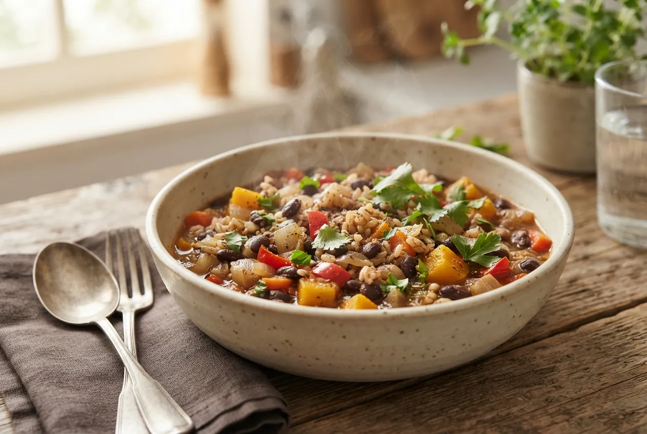 Guiso de arroz integral con porotos negros y verduras