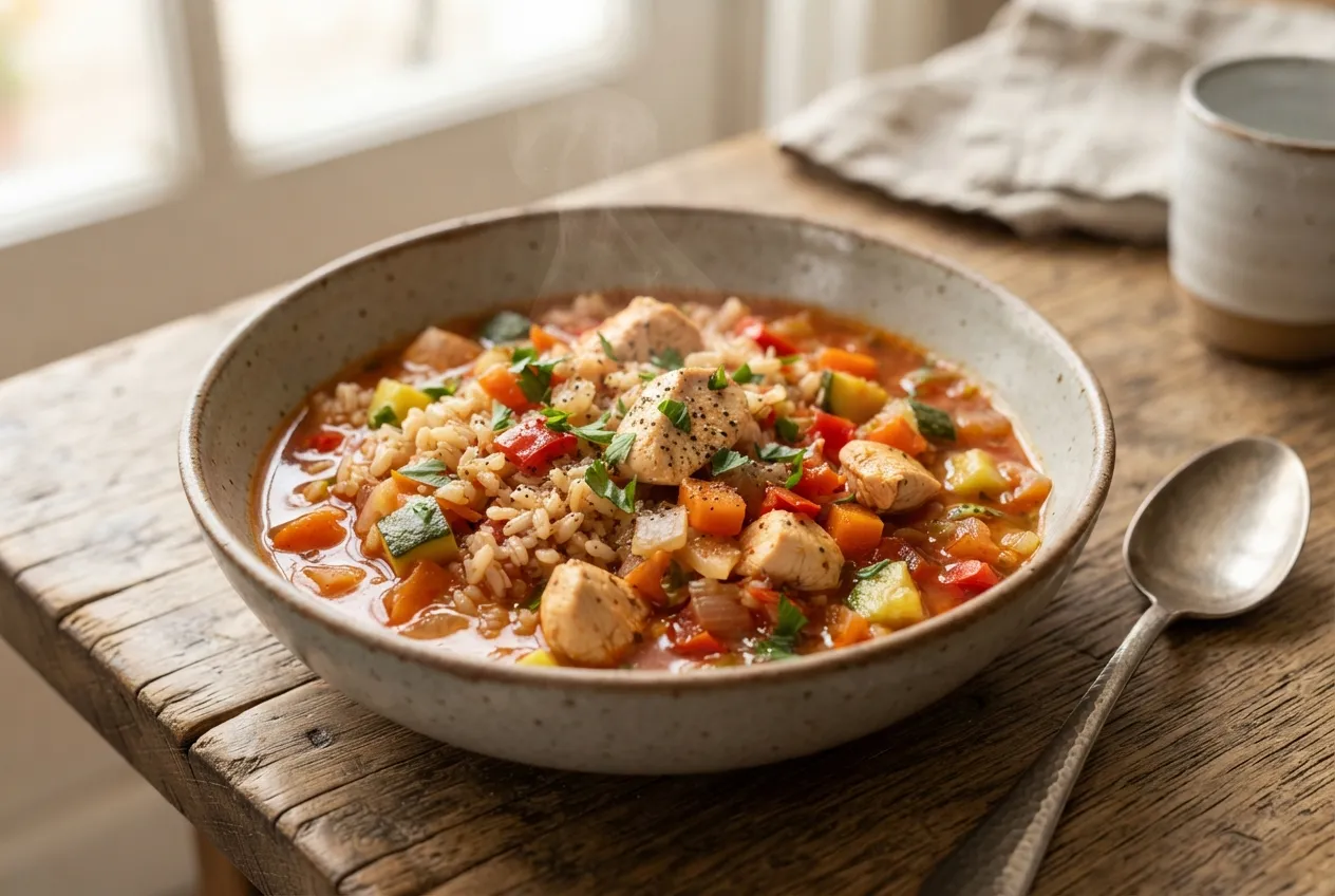 Guiso de arroz integral con verduras y pollo