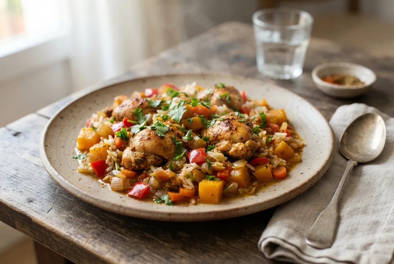 Guiso de arroz con pollo, verduras y especias criollas