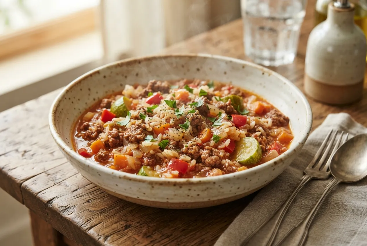 Guiso de arroz con verduras y carne picada