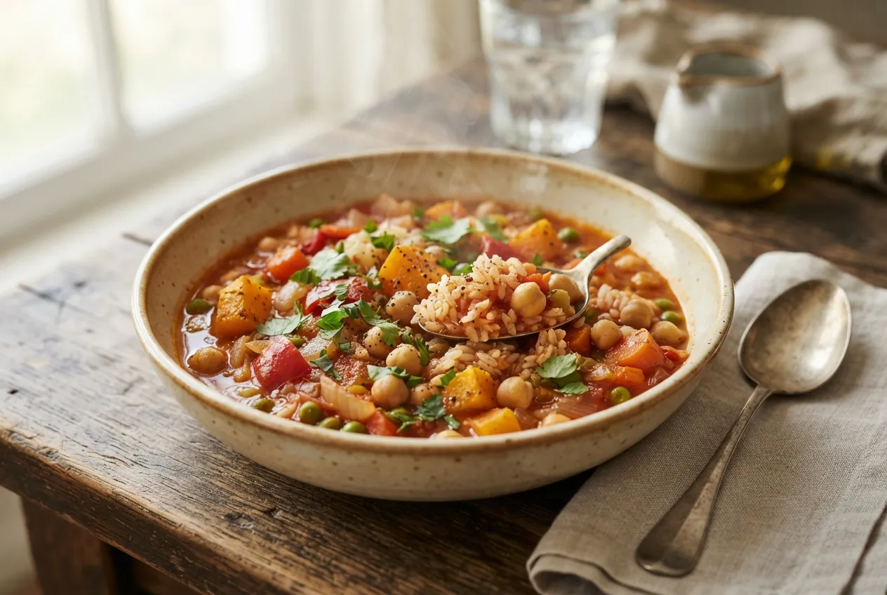 Guiso de arroz con verduras y garbanzos
