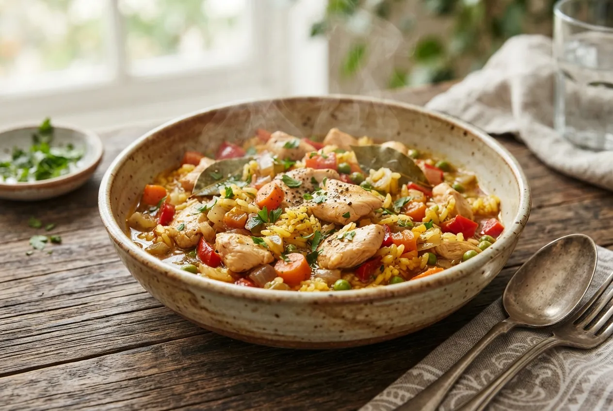Guiso de arroz con verduras y pollo