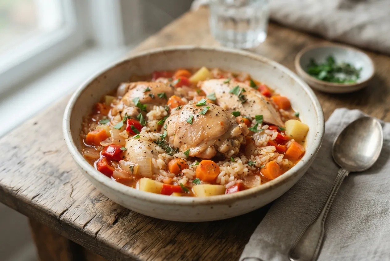 Guiso de arroz con verduras y pollo para días frescos