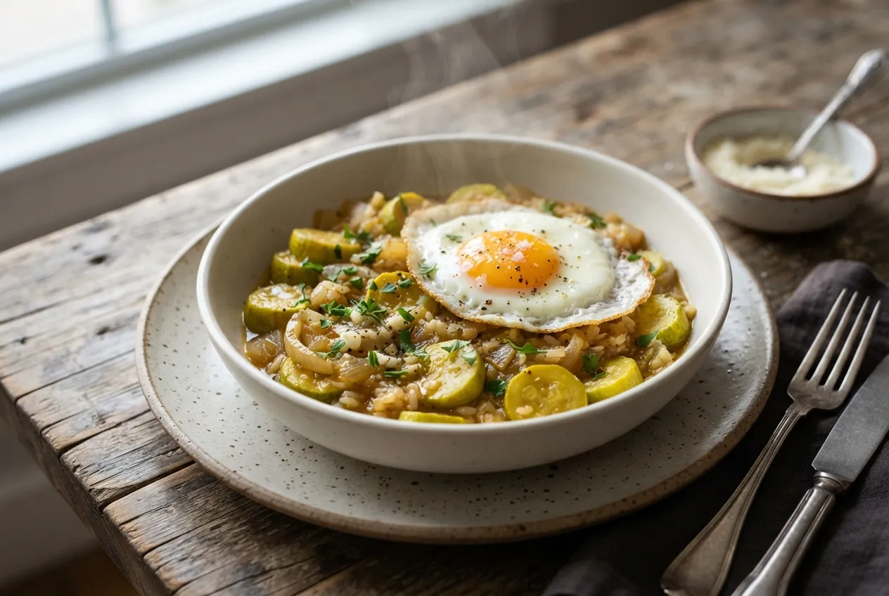 Guiso de arroz con zapallitos y huevo frito para cenar