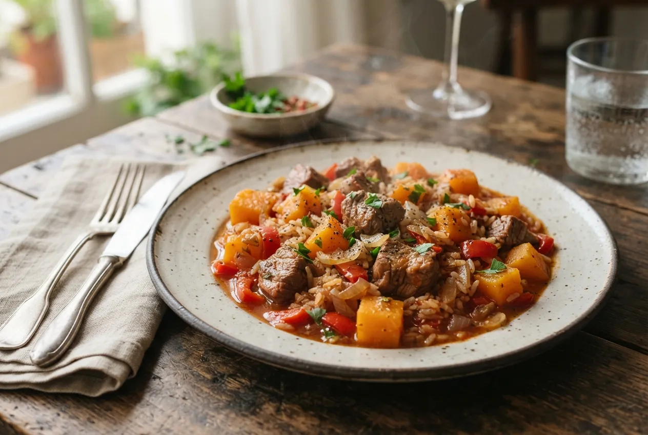 Guiso de arroz con zapallo anco y carne de cerdo