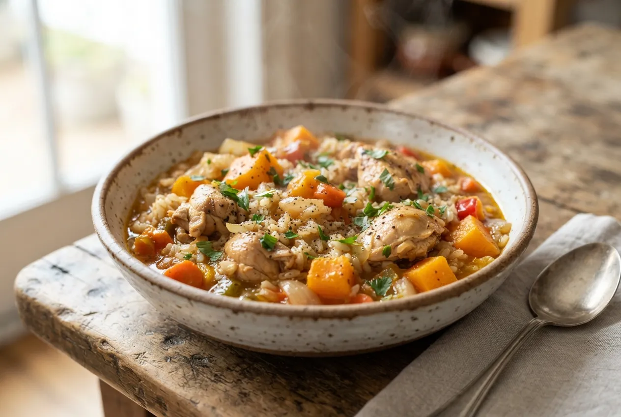 Guiso de arroz con zapallo y pollo para chuparse los dedos