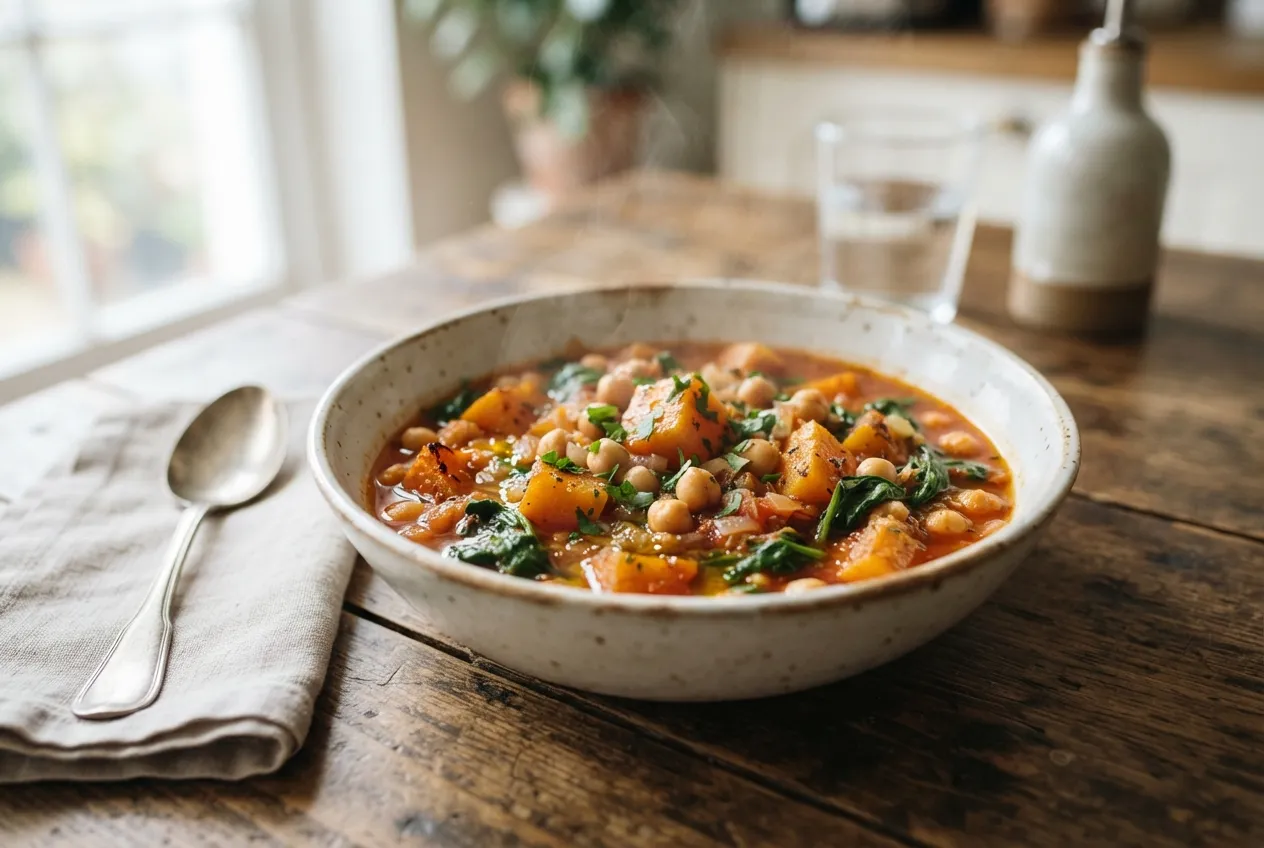 Guiso de calabaza, garbanzos y espinaca