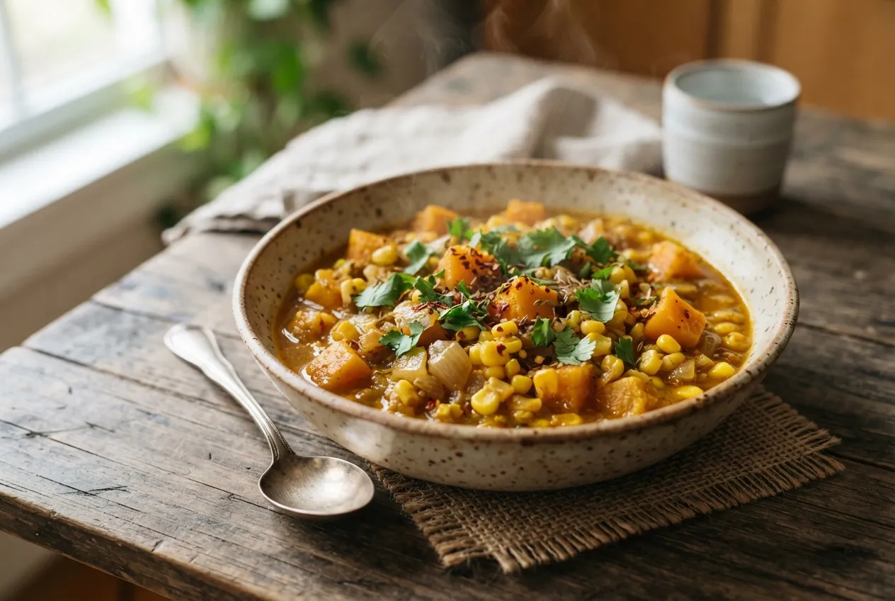 Guiso de choclo y zapallo al curry
