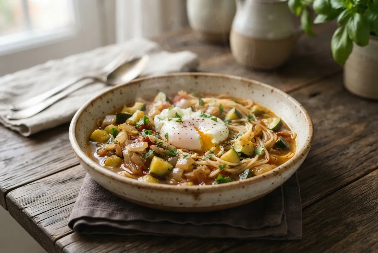 Guiso de fideos con zapallitos y huevo