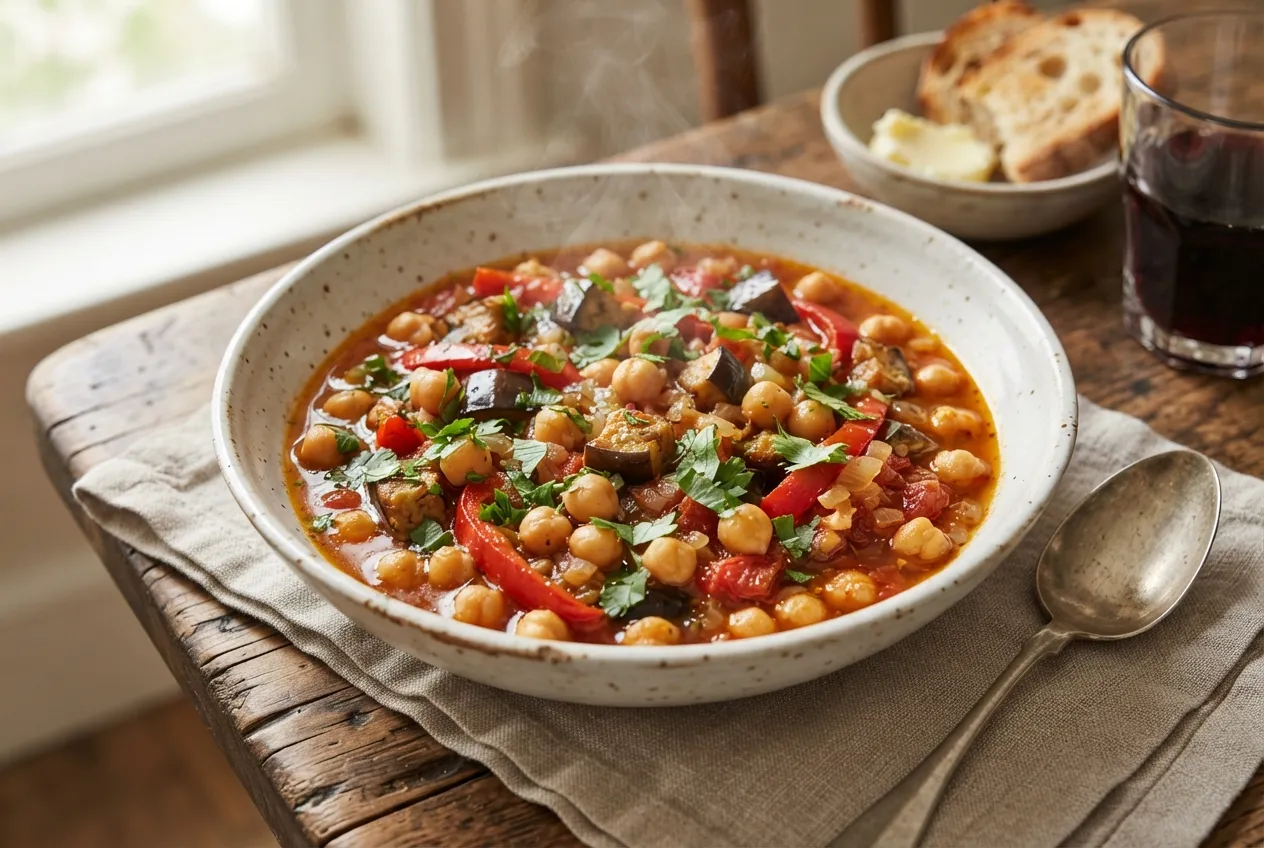 Guiso de garbanzos con berenjena y pimiento