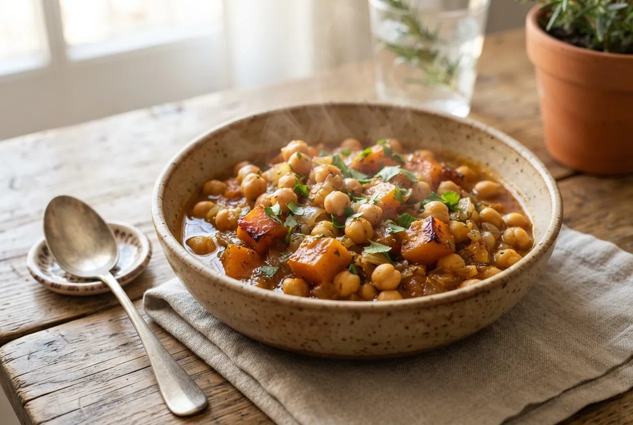 Guiso de garbanzos con calabaza y especias tradicionales