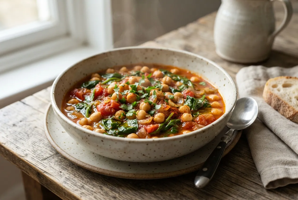 Guiso de garbanzos con espinaca y tomate