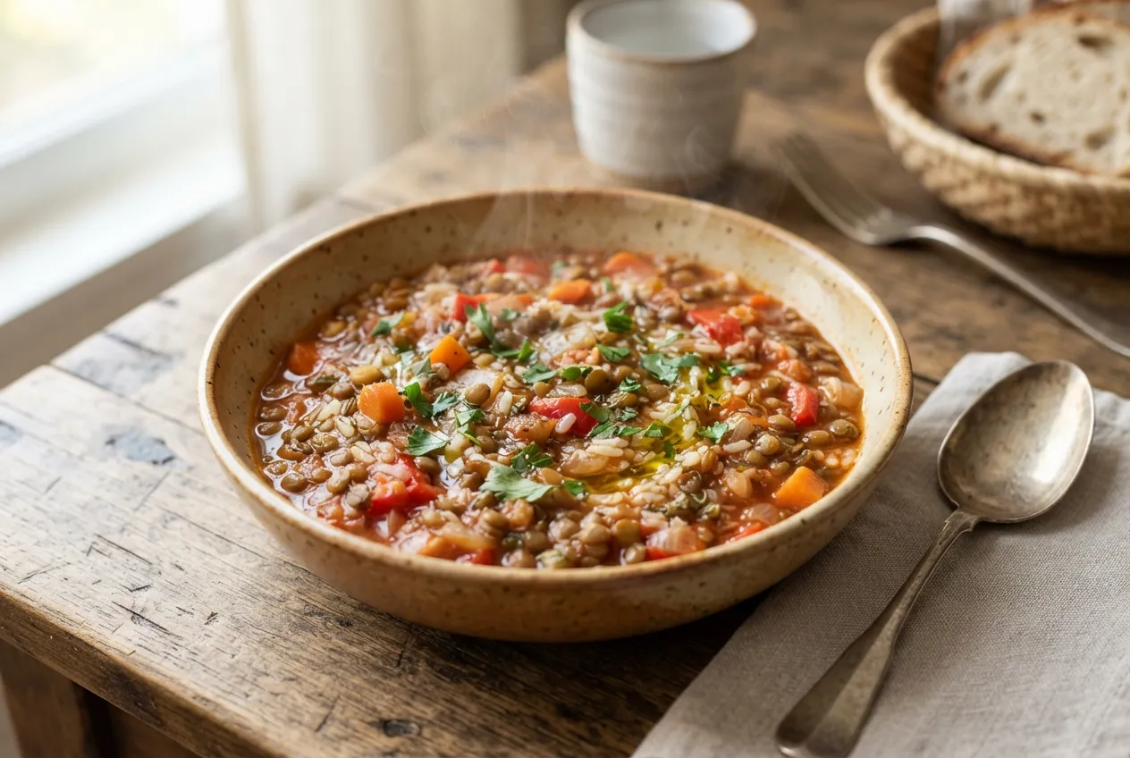 Guiso de lentejas y arroz con verduras para una cena nutritiva