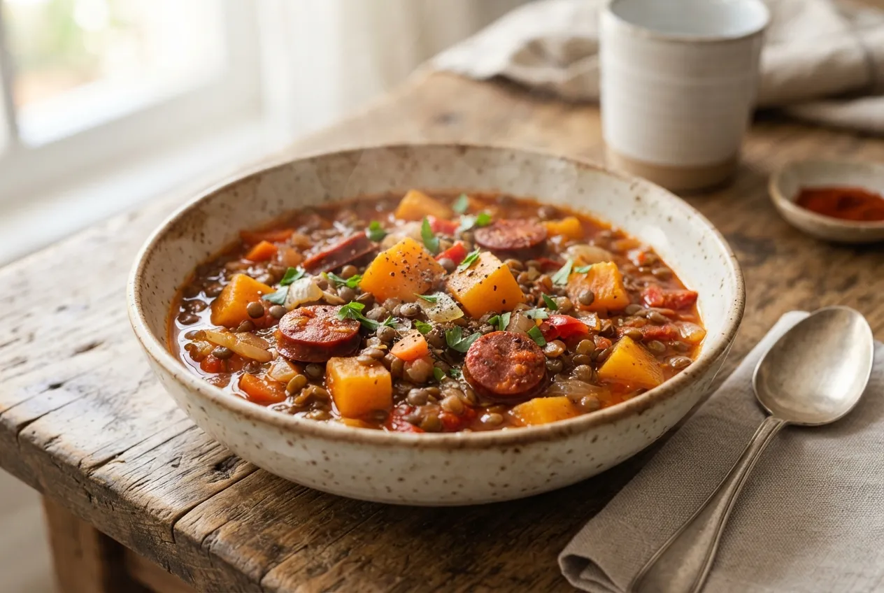 Guiso de lentejas con calabaza y chorizo