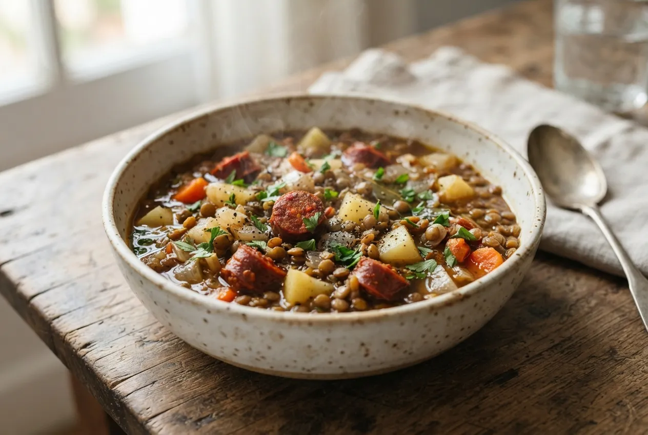 Guiso de lentejas con chorizo y verduras de estación