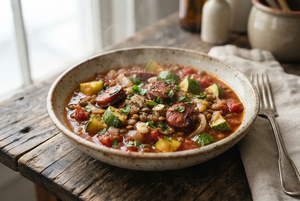 Guiso de lentejas con zapallitos y chorizo ahumado