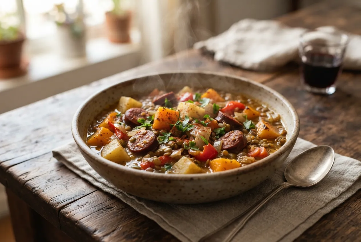 Guiso de lentejas con zapallo y chorizo ahumado
