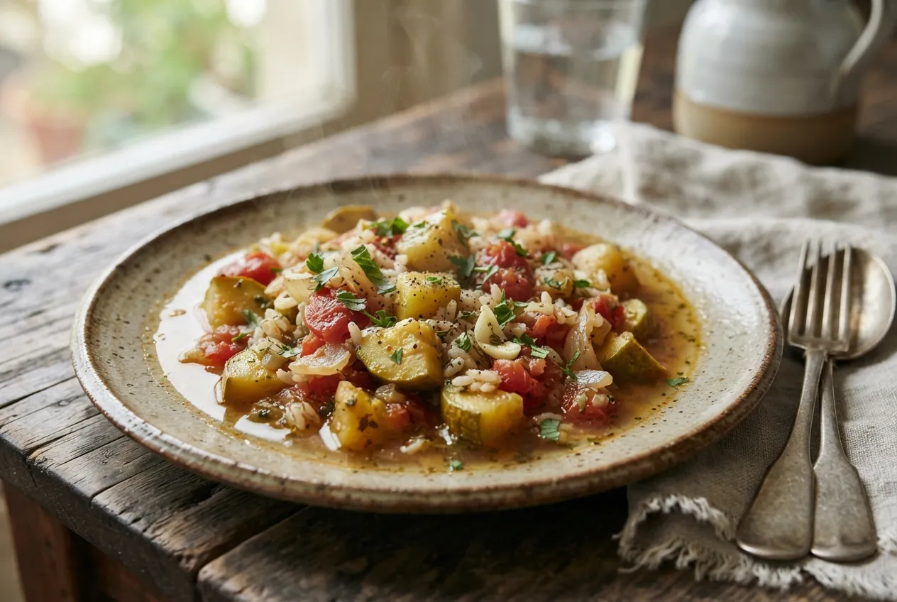 Guiso ligero de zapallitos y tomate con arroz